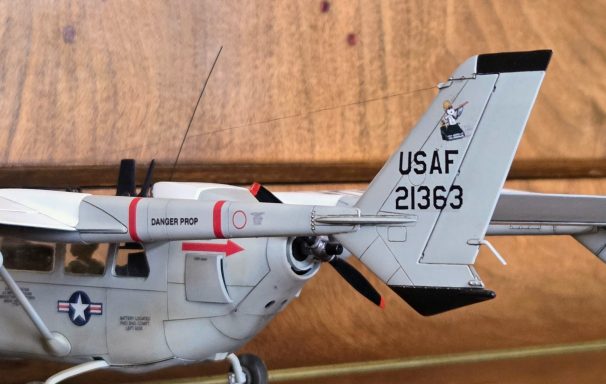 Model aircraft with USAF markings, displaying a propeller and detailed features.